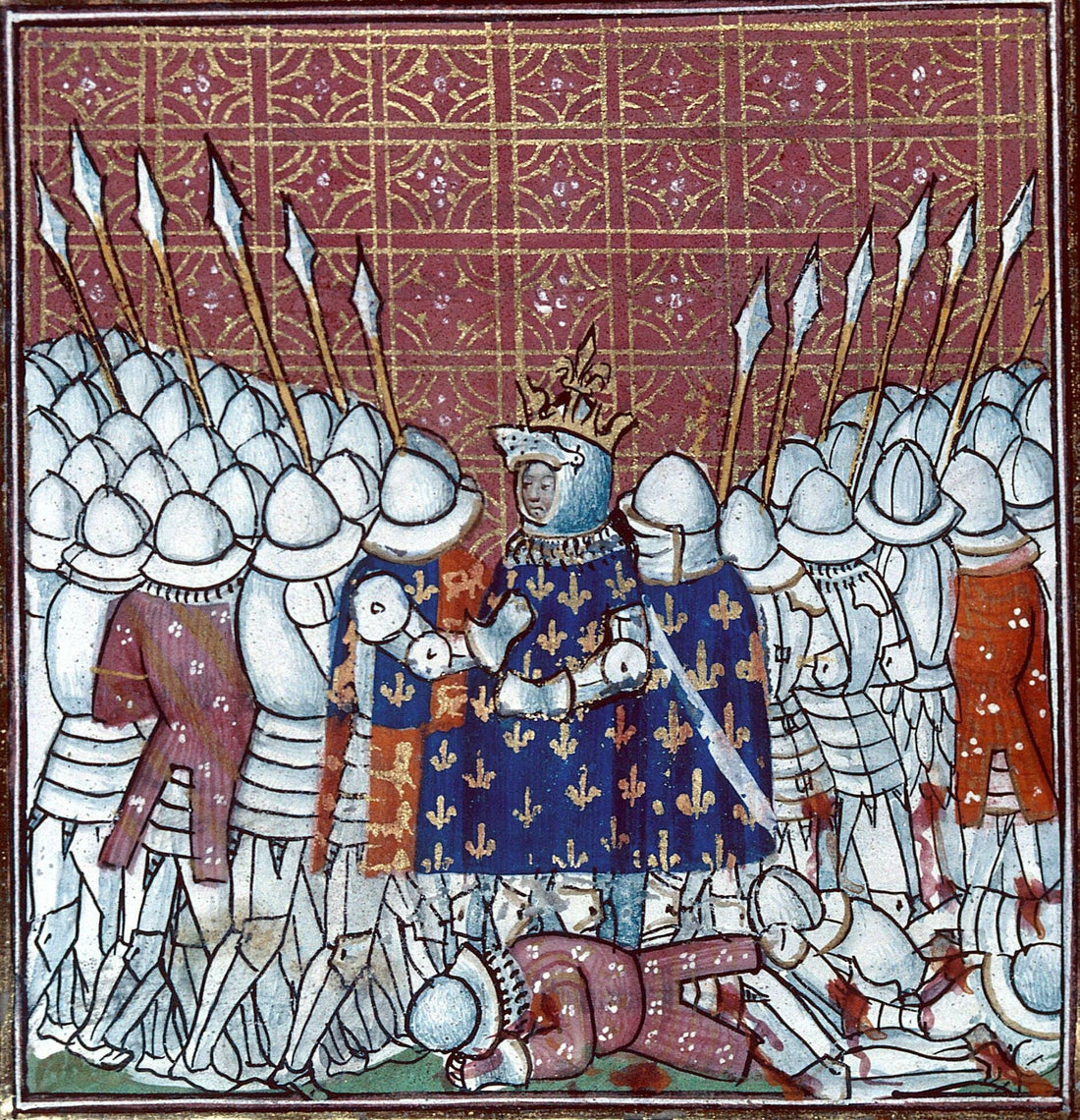 Jean II le Bon entouré de soldats lors de sa capture à Poitiers, dans une enluminure du début du XVe siècle.