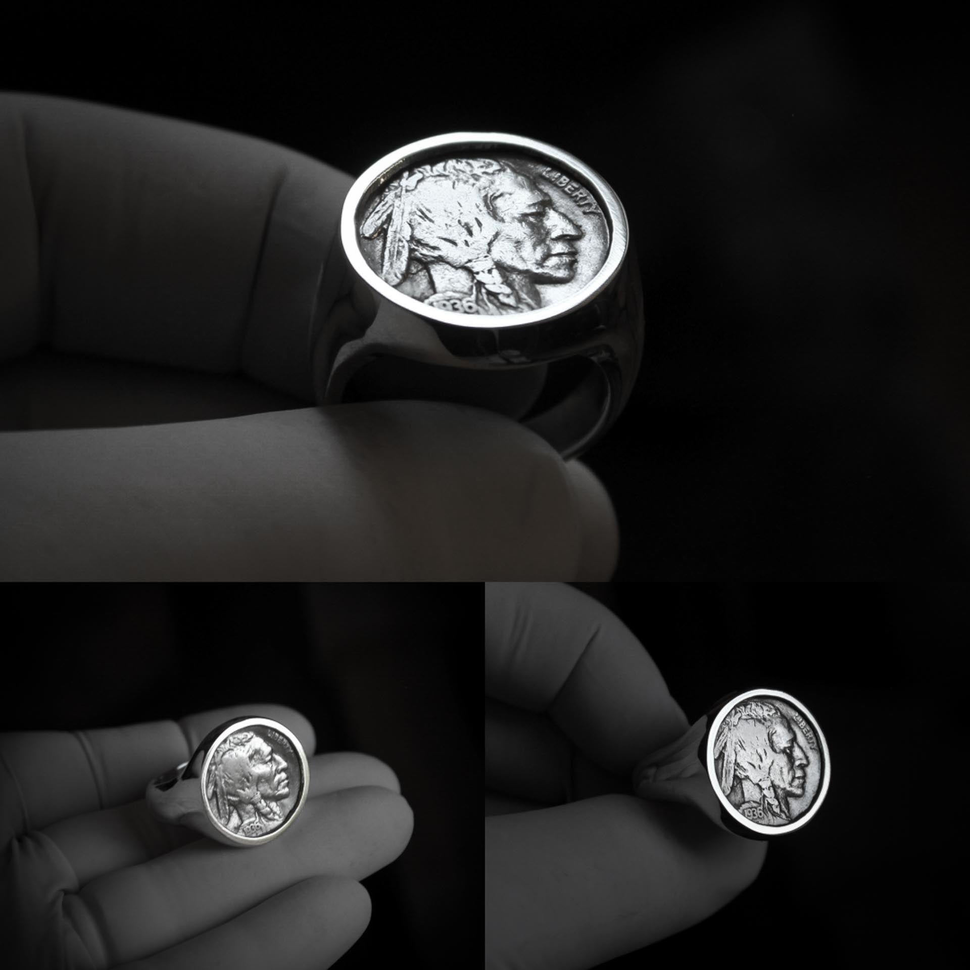 Chevalière Américaine en argent avec portrait d'indien - 5 cents Buffalo