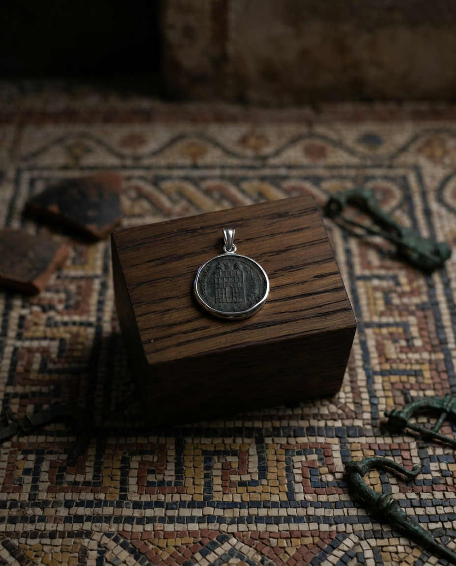 Pendentif en Argent – La Porte du Ciel | Monnaie Romaine vieille d'environ 1 700 ans.