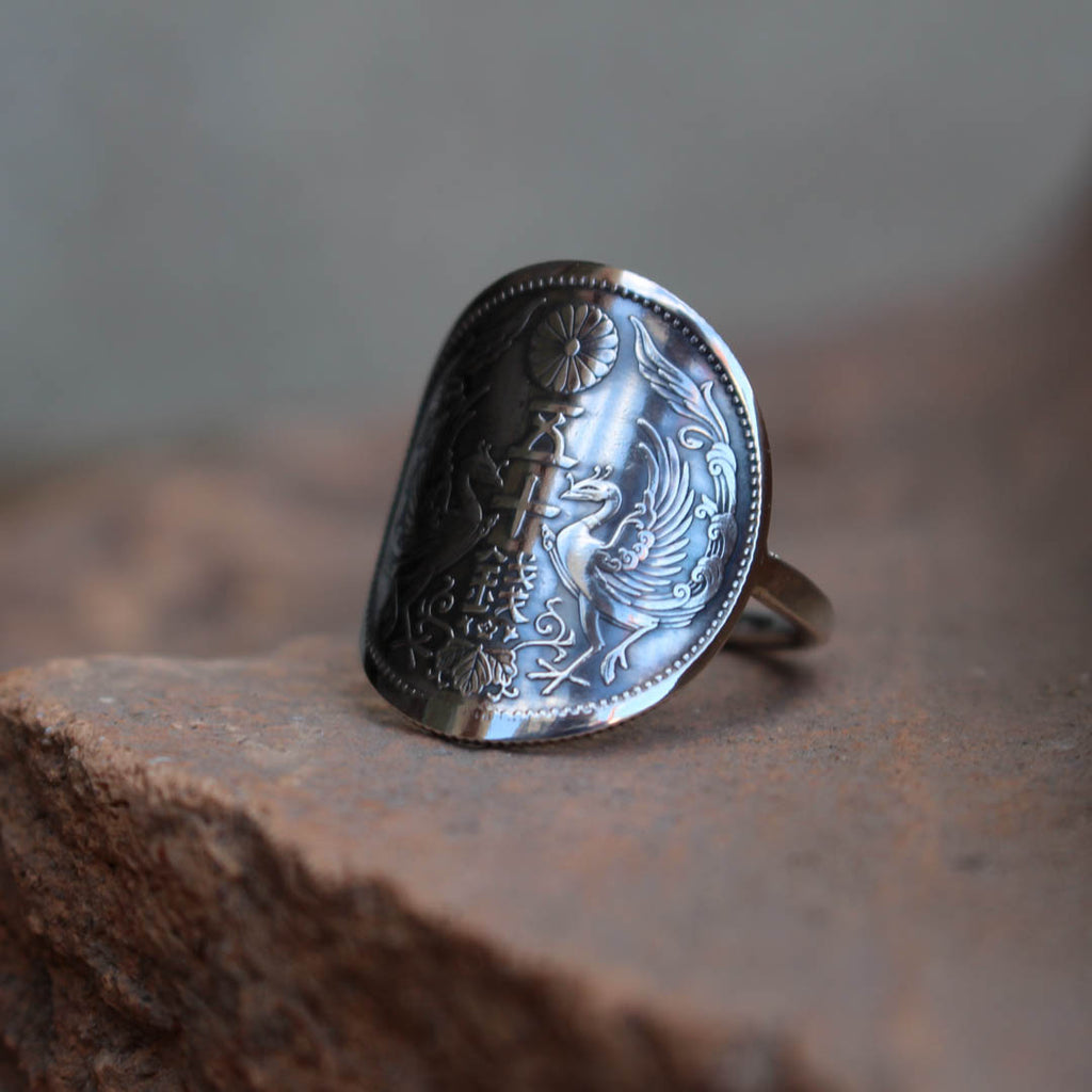 Bague pièce de monnaie en argent - 50 sen phénix JAPON