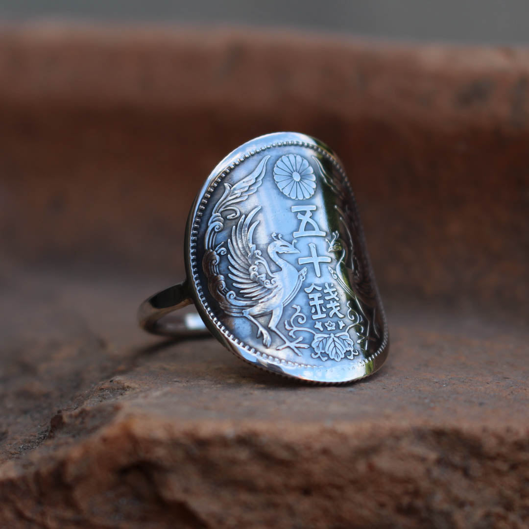 Bague pièce de monnaie en argent - 50 sen phénix JAPON