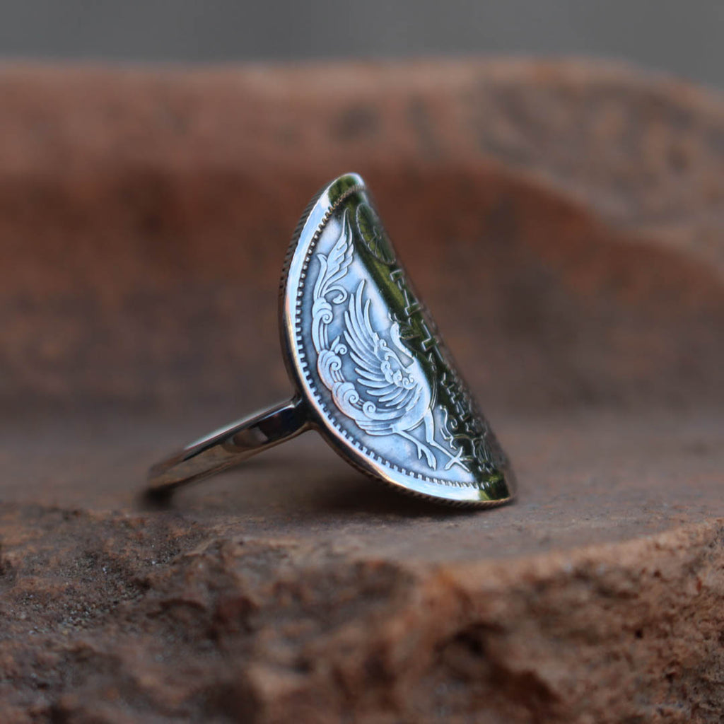 Bague pièce de monnaie en argent - 50 sen phénix JAPON